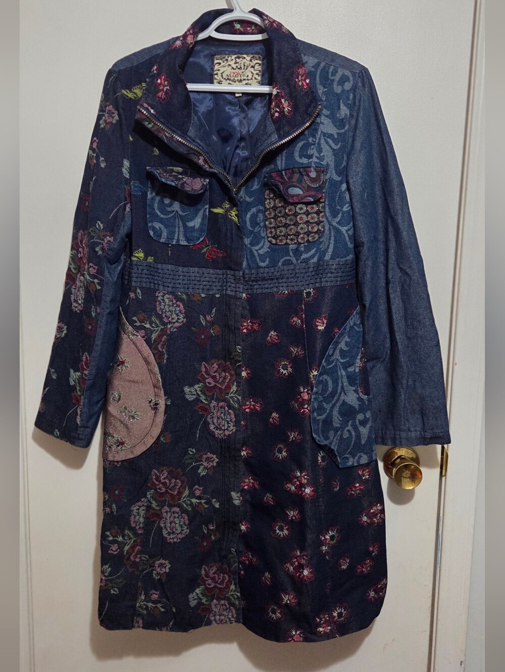 *VTG* Pink Martini Vintage Patchwork Denim Tapestry Trench Coat Jacket LARGE